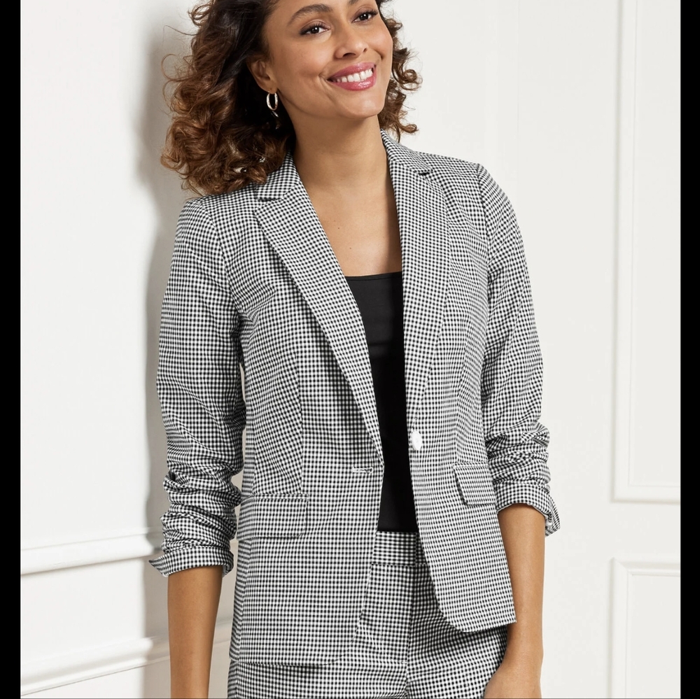 🔥NWOT Talbots Womens Lined Gingham Check Blazer Jacket in Black and White